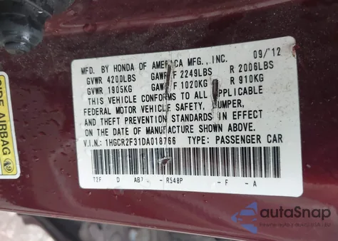 2013 Honda Accord Lx из США, поврежденный, VIN 1HGCR2F31DA018766